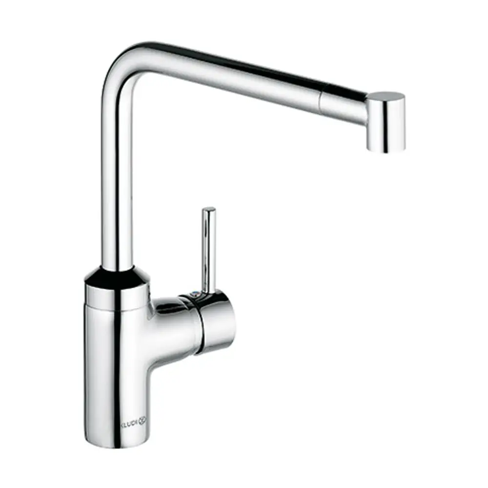 Ein Kludi-Wasserhahn mit einem chromfarbenen, hochgezogenen Auslauf und einem seitlichen Hebel für die Temperatur- und Mengeneinstellung.